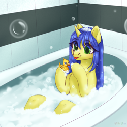 Size: 1500x1500 | Tagged: safe, artist:nika-rain, imported from derpibooru, oc, oc only, oc:logical leap, pony, unicorn, bathroom, bubble, commission, cute, female, rubber duck, sketch, solo, ych result, your character here