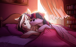 Size: 4000x2500 | Tagged: safe, artist:klarapl, imported from derpibooru, twilight sparkle, oc, alicorn, pony, alicorn oc, bed, bookcase, canon x oc, cheek kiss, curtain, horn, kiss on the cheek, kissing, picture, pillow, romantic, twilight sparkle (alicorn), wings