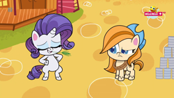 Size: 1920x1080 | Tagged: safe, imported from derpibooru, screencap, lariat (character), rarity, earth pony, pony, unicorn, my little pony: pony life, spoiler:pony life s02e10, bipedal, cowboy hat, female, g4.5, hat, impersonating, lariat, mare, minimini, pony life, straw in mouth, the great cowgirl hat robbery, unnamed character, unnamed pony