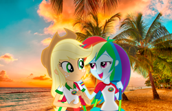 Size: 6016x3886 | Tagged: safe, artist:sunshine melody, imported from derpibooru, applejack, rainbow dash, equestria girls, appledash, beach, camp everfree outfits, female, lesbian, ocean, shipping, sunset, tropical