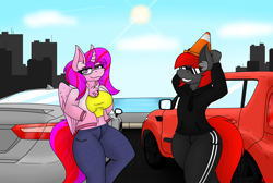 Size: 4500x3024 | Tagged: safe, artist:ryanthecone, imported from derpibooru, oc, oc:pepto, oc:ryanthecone, alicorn, anthro, earth pony, city, cityscape, commission, kia, kia soul, toyota, toyota camry