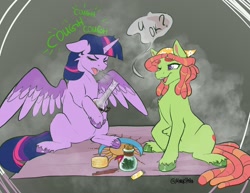 Size: 2048x1584 | Tagged: safe, artist:holomouse, imported from derpibooru, tree hugger, twilight sparkle, alicorn, earth pony, pony, bong, coughing, drugs, duo, duo female, female, highlight sparkle, twilight sparkle (alicorn)