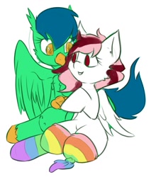 Size: 872x1024 | Tagged: safe, artist:telsa, imported from derpibooru, oc, oc only, oc:crystal hearts, oc:crystal rain, oc:toricelli, hippogriff, pegasus, pony, amputee, clothes, holding hooves, rainbow socks, sketch, socks, striped socks