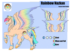 Size: 4961x3508 | Tagged: safe, artist:oneiria-fylakas, imported from derpibooru, oc, oc only, oc:rainbow nazkan, pegasus, pony, colored wings, feathered fetlocks, gradient wings, male, multicolored wings, rainbow wings, reference sheet, solo, stallion, tail feathers, wings