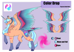 Size: 1920x1358 | Tagged: safe, artist:oneiria-fylakas, imported from derpibooru, oc, oc only, oc:color drop, alicorn, pony, colored wings, female, gradient wings, mare, multicolored wings, reference sheet, solo, tail feathers, wings