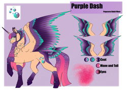 Size: 1920x1358 | Tagged: safe, artist:oneiria-fylakas, imported from derpibooru, oc, oc only, oc:purple dash, alicorn, pony, colored wings, female, gradient wings, mare, multicolored wings, reference sheet, solo, tail feathers, wings