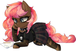 Size: 3893x2613 | Tagged: safe, artist:_spacemonkeyz_, imported from derpibooru, oc, oc only, oc:scarlet trace (coffee bean), earth pony, pony, clothes, collar, fishnets, flower, high res, paper, pencil, shirt, simple background, skirt, solo, transparent background