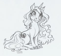 Size: 1473x1358 | Tagged: safe, artist:ucerodiana, imported from derpibooru, izzy moonbow, pony, unicorn, bracelet, colored hooves, drawing, fanart, female, g5, grayscale, jewelry, mare, monochrome, pencil drawing, simple background, traditional art, white background