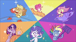 Size: 1280x720 | Tagged: safe, imported from derpibooru, screencap, applejack, fluttershy, pinkie pie, rainbow dash, rarity, twilight sparkle, alicorn, earth pony, pegasus, pony, unicorn, communication shakedown, my little pony: pony life, spoiler:pony life s02e18, apple, boat, carousel, crystal ball, female, food, g4.5, hammer, mane six, mare, pony life, twilight sparkle (alicorn)