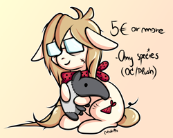 Size: 3242x2595 | Tagged: safe, artist:coco-drillo, imported from derpibooru, oc, oc only, oc:cocodrillo, earth pony, pony, advertisement, charity, chibi, clothes, commission, commission info, donation, floppy ears, glasses, high res, messy mane, plushie, scar, scarf, simple background, sitting, smiling, solo