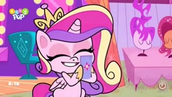 Size: 960x540 | Tagged: safe, imported from derpibooru, screencap, princess cadance, alicorn, pony, my little pony: pony life, what goes updo, spoiler:pony life s02e17, cellphone, crystal empire carnival, female, g4.5, mannequin head, mare, phone, pony life, smartphone, solo, tiny pop