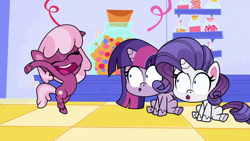 Size: 1280x720 | Tagged: safe, imported from derpibooru, screencap, cheerilee, rarity, twilight sparkle, alicorn, earth pony, pony, unicorn, my little pony: pony life, spoiler:pony life s02e27, :o, bipedal, female, g4.5, one last wish, open mouth, pony life, shocked, sitting, teeth, trio, trio female, twilight sparkle (alicorn)