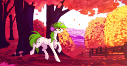 Size: 6000x3136 | Tagged: safe, artist:fenixdust, imported from derpibooru, oc, oc only, oc:bumpy beatz, pony, unicorn, autumn, detailed background, female, fence, forest, headphones, leaves, mare, scenery, solo, tree
