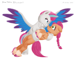 Size: 1400x1100 | Tagged: safe, artist:rockhoppr3, imported from derpibooru, sunny starscout, zipp storm, earth pony, pegasus, pony, bipedal, boop, female, g5, lesbian, looking at each other, noseboop, shipping, simple background, spread wings, transparent background, wings