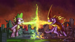 Size: 2200x1238 | Tagged: safe, artist:tsitra360, imported from ponybooru, spike, dragon, activision, city, commission, destruction, fight, fire, fire breath, giant dragon, green fire, macro, spyro the dragon, wings