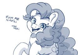 Size: 1280x919 | Tagged: safe, artist:dilarus, edit, imported from ponybooru, pinkie pie, earth pony, pony, dialogue, digital art, female, mare, mouthpiece, open mouth, politics, simple background, solo, vulgar, white background