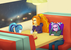 Size: 2048x1430 | Tagged: safe, artist:biocrine, imported from derpibooru, adagio dazzle, aria blaze, sonata dusk, equestria girls, rainbow rocks, booth, clothes, coffee, female, food, french fries, hoodie, restaurant, the dazzlings