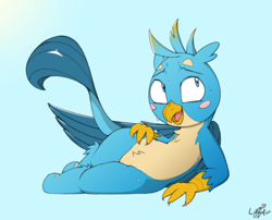 Size: 1300x1050 | Tagged: safe, artist:lyrabop, imported from derpibooru, gallus, griffon, art pack:fun size 2, blue background, blushing, chest fluff, male, open mouth, pubic fluff, simple background, solo, stupid sexy gallus, sweat, tail, wings