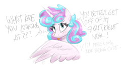Size: 2012x1123 | Tagged: safe, artist:flutterthrash, imported from derpibooru, princess flurry heart, alicorn, pony, blatant lies, blushing, cute, denial's not just a river in egypt, female, flurrybetes, grooming, i'm not cute, older, older flurry heart, preening, solo, text, tongue out
