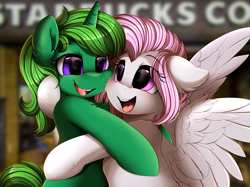 Size: 2979x2233 | Tagged: safe, artist:pridark, imported from derpibooru, imported from ponybooru, oc, oc only, oc:lime dream, oc:sasha gemini, pegasus, pony, unicorn, bust, commission, cute, duo, high res, hug, open mouth, portrait, purple eyes