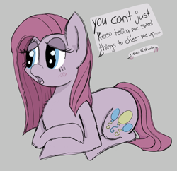 Size: 1720x1663 | Tagged: safe, artist:legendoflink, imported from derpibooru, pinkie pie, blushing, chest fluff, cute, dialogue, diapinkes, looking away, lying down, pinkamena diane pie, sad, straight mane, text