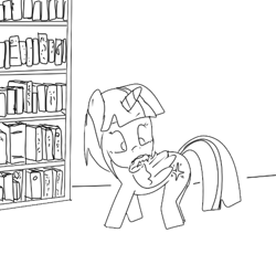 Size: 520x478 | Tagged: artist needed, source needed, safe, artist:php162, imported from derpibooru, twilight sparkle, alicorn, pony, bookshelf, grooming, monochrome, preening, solo, twilight sparkle (alicorn)