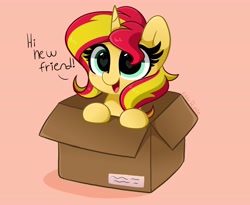Size: 4096x3362 | Tagged: safe, artist:kittyrosie, imported from derpibooru, sunset shimmer, pony, unicorn, equestria girls, blushing, box, cute, female, happy, heart eyes, hnnng, kittyrosie is trying to murder us, mare, open mouth, pony in a box, shimmerbetes, simple background, solo, talking to viewer, weapons-grade cute, wingding eyes
