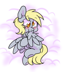 Size: 818x908 | Tagged: safe, artist:paperbagpony, imported from derpibooru, derpy hooves, pegasus, pony, blushing, chest fluff, cloud, cute, derpabetes, ear fluff, feather, grooming, preenhub, preening, solo, sweet dreams fuel