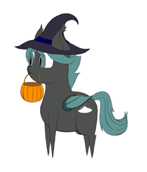 Size: 667x782 | Tagged: safe, artist:shoophoerse, imported from derpibooru, oc, oc only, oc:smidge, bat pony, pony, bat pony oc, bat wings, chibi, clothes, costume, fangs, halloween, halloween costume, hat, holiday, pointy legs, pointy ponies, pumkpin bucket, simple background, slit eyes, slit pupils, snaggletooth, solo, white background, wings, witch hat