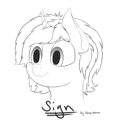 Size: 1500x1500 | Tagged: safe, artist:shoophoerse, imported from derpibooru, oc, oc only, oc:sign, pony, unicorn, fanart, freckles, monochrome, signature, simple background, sketch, smiling, solo, white background