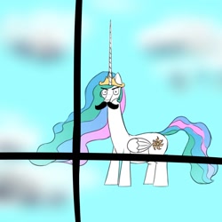 Size: 1500x1500 | Tagged: safe, artist:shoophoerse, imported from derpibooru, princess celestia, alicorn, pony, cloud, facial hair, floating, folded wings, horn, long horn, looking at you, meme, moustache, moustachlestia, sky, solo, window, wings
