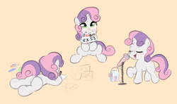 Size: 4108x2440 | Tagged: safe, artist:parfait, imported from derpibooru, sweetie belle, pony, unicorn, cute, diasweetes, dock, drawing, eyes closed, female, filly, heart, lying down, microphone, mouth hold, open mouth, paper, prone, raised hoof, sign, simple background, singing, sitting, solo, yellow background