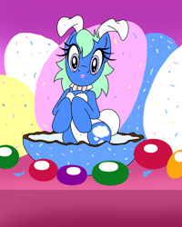 Size: 1200x1500 | Tagged: safe, artist:dashingjack, imported from derpibooru, oc, oc:brainstorm, earth pony, pony, bunny suit, candy, chocolate egg, clothes, crossdressing, easter egg, food, jellybeans, male, micro, shrunken, stallion
