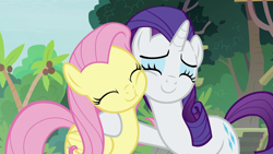 Size: 1920x1080 | Tagged: safe, imported from derpibooru, screencap, fluttershy, rarity, pegasus, pony, unicorn, fake it 'til you make it, cheek squish, duo, eyes closed, female, mare, smiling, squishy cheeks