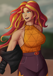 Size: 2480x3508 | Tagged: safe, artist:nire, imported from derpibooru, sunset shimmer, equestria girls, armpits, bare shoulders, breasts, busty sunset shimmer, clothes, eyeshadow, female, jacket, jeans, leather jacket, makeup, pants, sideboob, sleeveless, smiling, solo, solo female