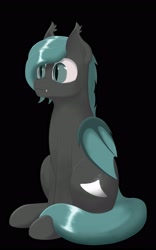 Size: 2000x3200 | Tagged: safe, artist:shoophoerse, imported from derpibooru, oc, oc only, oc:smidge, bat pony, pony, bat pony oc, bat wings, black background, ear tufts, fangs, folded wings, simple background, sitting, slit pupils, snaggletooth, solo, wings