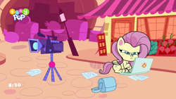 Size: 1024x576 | Tagged: safe, imported from derpibooru, screencap, fluttershy, pegasus, pony, my little pony: pony life, spoiler:pony life s02e02, bag, camera, computer, g4.5, laptop computer, pony life, the crystal capturing contraption, tripod