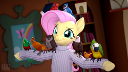 Size: 3840x2160 | Tagged: safe, artist:owlpirate, imported from derpibooru, fluttershy, bird, blue jay, dove, eagle, owl, parrot, pegasus, pony, 3d, archimedes, clothes, female, fluttershy's cottage, mare, solo, source filmmaker, sweater, sweatershy, team fortress 2, turtleneck