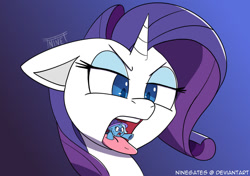 Size: 1280x899 | Tagged: safe, artist:ninegates, imported from derpibooru, rarity, trixie, pony, unicorn, digital art, drool, drool string, endosoma, esophagus, female, giantess, group, imminent vore, macro, macro/micro, non-fatal vore, oral invitation, raripred, salivating, size difference, slimy, sweat, taste buds, tongue out, trixie prey, unwilling prey, vore