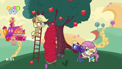 Size: 1024x576 | Tagged: safe, imported from derpibooru, screencap, applejack, fluttershy, earth pony, pegasus, pony, my little pony: pony life, spoiler:pony life s02e02, apple, apple tree, butt, camera, female, food, g4.5, mare, plot, pony life, sweet apple acres, the crystal capturing contraption, tree