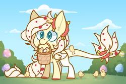 Size: 3000x2000 | Tagged: safe, artist:jetjetj, imported from derpibooru, part of a set, oc, oc only, oc:flora quill, pegasus, pony, basket, chibi, chick, commission, easter egg, female, mare, mouth hold, solo, ych result