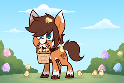 Size: 3000x2000 | Tagged: safe, artist:jetjetj, imported from derpibooru, part of a set, oc, oc only, oc:heart chaser, earth pony, pony, basket, chibi, chick, commission, easter egg, male, mouth hold, solo, stallion, ych result