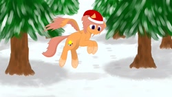 Size: 2560x1440 | Tagged: safe, artist:shoophoerse, imported from derpibooru, oc, oc only, oc:shoop, pegasus, pony, christmas, hat, holiday, jumping, pine tree, santa hat, snow, solo, spread wings, tree, wings