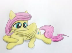 Size: 2432x1794 | Tagged: safe, artist:count adramélekh sear, artist:count adramélekh sear, artist:count oxymagomedov sear, imported from derpibooru, fluttershy, pegasus, pony, grooming, lying down, preening, solo, traditional art, wings