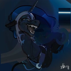 Size: 4000x4000 | Tagged: safe, artist:alumx, imported from derpibooru, nightmare moon, alicorn, pony, floppy ears, lidded eyes, looking at you, open mouth, sharp teeth, sketch, smiling, solo, teeth