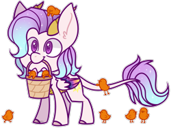 Size: 2283x1716 | Tagged: safe, alternate version, artist:jetjetj, imported from derpibooru, part of a set, oc, oc only, oc:scale, pony, basket, chibi, chick, commission, easter egg, female, horns, mouth hold, simple background, solo, transparent background, ych result
