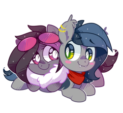 Size: 1000x920 | Tagged: safe, artist:yokokinawa, imported from derpibooru, oc, oc:mimicry, oc:notde, bat pony, changeling, pony, bat pony oc, bat wings, blushing, changeling oc, chibi, ear piercing, earring, fangs, goggles, jewelry, looking at each other, piercing, purple changeling, simple background, white background, white pupils, wings