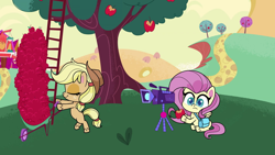 Size: 1920x1080 | Tagged: safe, imported from derpibooru, screencap, applejack, fluttershy, earth pony, pegasus, pony, my little pony: pony life, spoiler:pony life s02e02, apple, apple tree, bipedal, camera, female, food, g4.5, mare, pony life, sweet apple acres, the crystal capturing contraption, tree