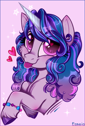 Size: 542x807 | Tagged: safe, artist:esmeia, imported from derpibooru, izzy moonbow, pony, unicorn, blushing, bracelet, bust, cheek fluff, cute, eyebrows, eyebrows visible through hair, eyelashes, female, g5, heart, heart eyes, izzybetes, jewelry, looking at you, mare, raised hoof, silly, silly pony, solo, sparkles, stars, text, tongue out, unshorn fetlocks, wingding eyes