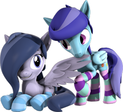 Size: 2280x2082 | Tagged: safe, artist:melodiousmarci, artist:oceanicskiespon, imported from derpibooru, oc, oc only, oc:cosmic oceans, oc:sierra nightingale, pegasus, 3d, clothes, grooming, looking at each other, preening, simple background, socks, source filmmaker, striped socks, transparent background